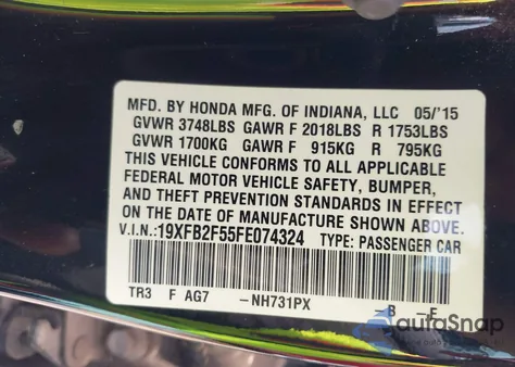 2015 Honda Civic Lx z USA, uszkodzony, nr VIN 19XFB2F55FE074324